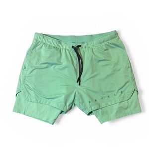 Battle Sports mens L Large green Fly 5 double layer compression lining shorts